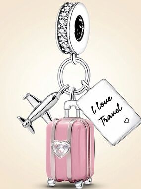S925 Silver Travel Dangle Charm Pink Suitcase Airplane Pandora Fit Gift New CHAR